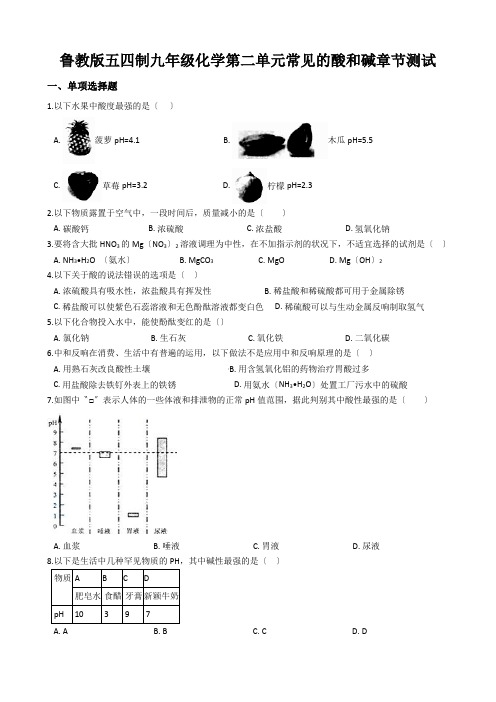 鲁教版五四制九年级化学第二单元常见的酸和碱章节测试