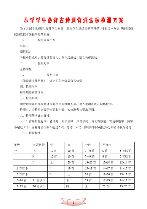 小学学生必背古诗词背诵达标检测方案