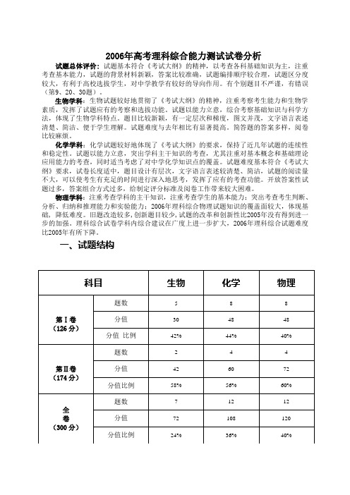 2006年高考理科综合能力测试试卷分析