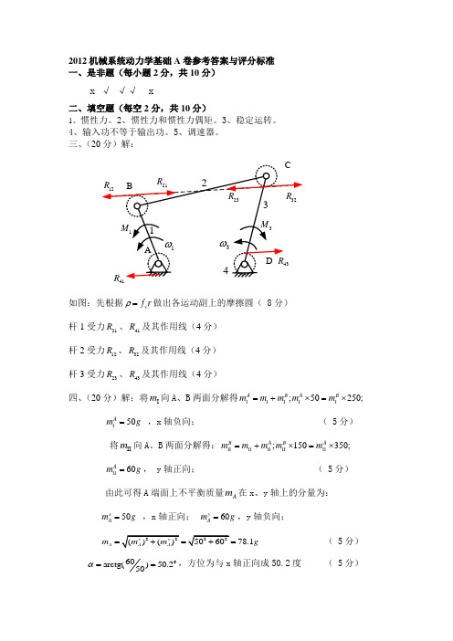 2012机械系统动力学基础考试试卷A答案