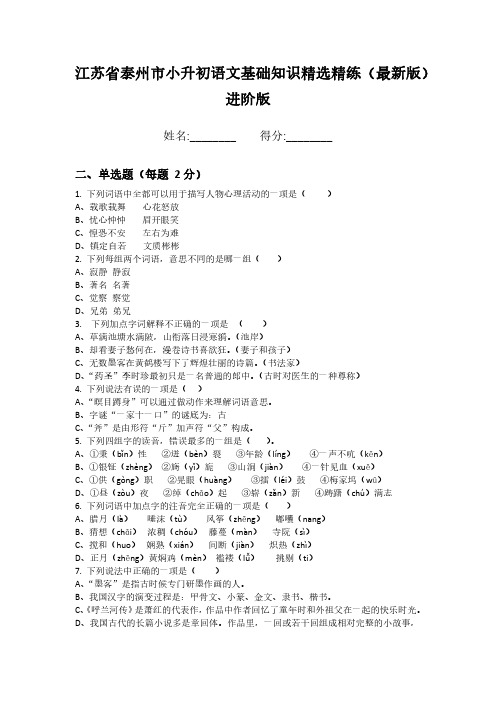 江苏省泰州市小升初语文基础知识精选精练(最新版)进阶版