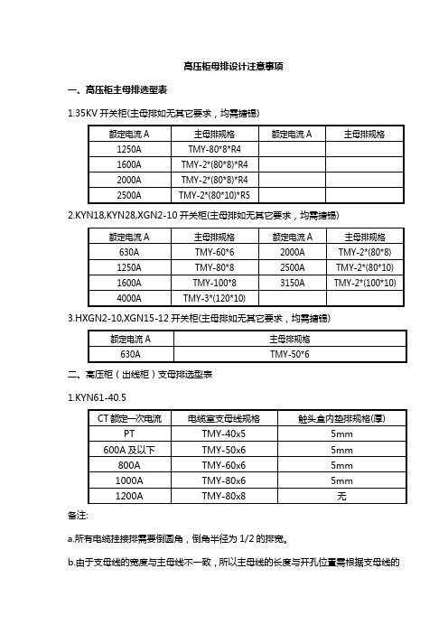 高压柜母排设计选型表