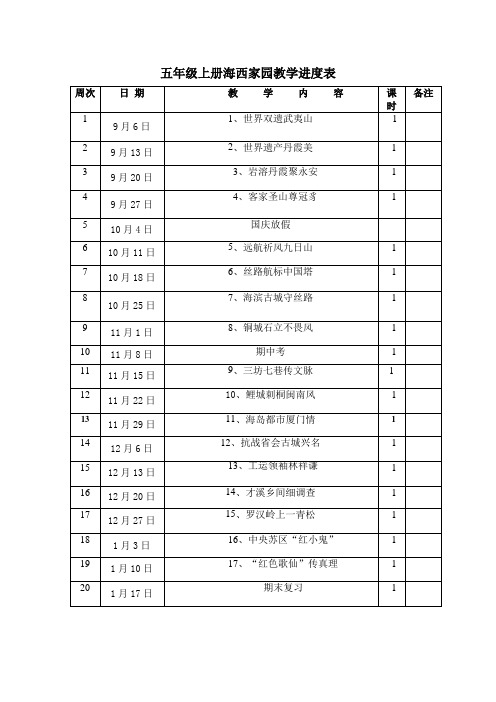 秋季五年级上册海西家园教学进度表