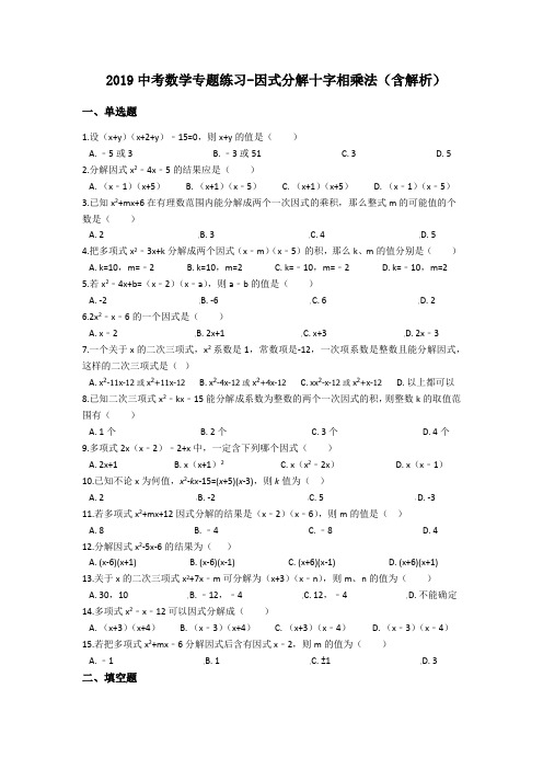 2019中考数学专题练习-因式分解十字相乘法(含解析)