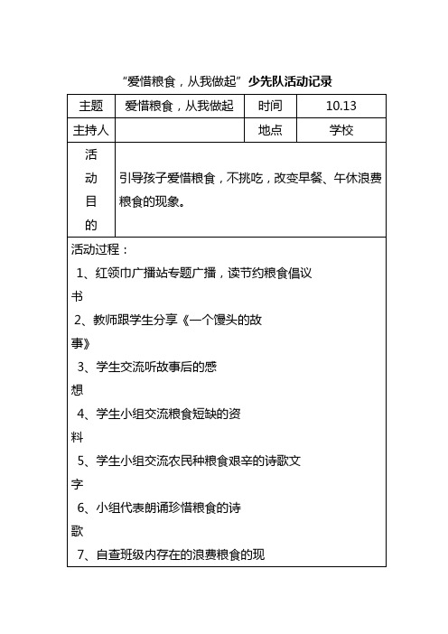 “爱惜粮食,从我做起”少先队活动记录