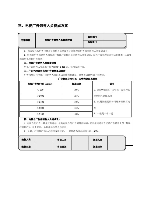 电视广告销售人员提成方案