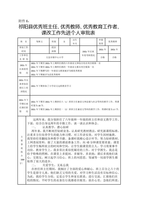 祁阳县优秀班主任、优秀教师、优秀教育工作者、课改工作先进个人审批表