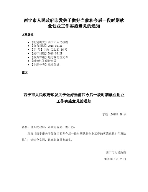 西宁市人民政府印发关于做好当前和今后一段时期就业创业工作实施意见的通知