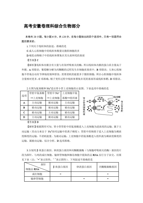 高考安徽卷理科综合生物部分试题解析