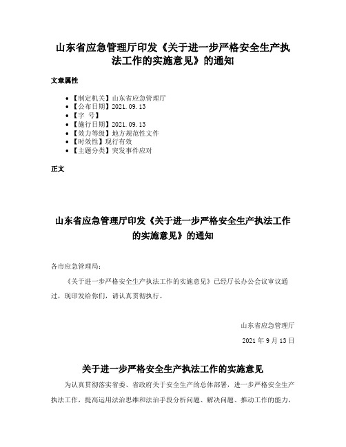 山东省应急管理厅印发《关于进一步严格安全生产执法工作的实施意见》的通知