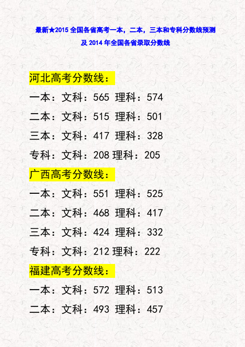 最新★2015全国各省高考一本,二本,三本和专科分数线预测及2014年全国各省录取分数线完整版