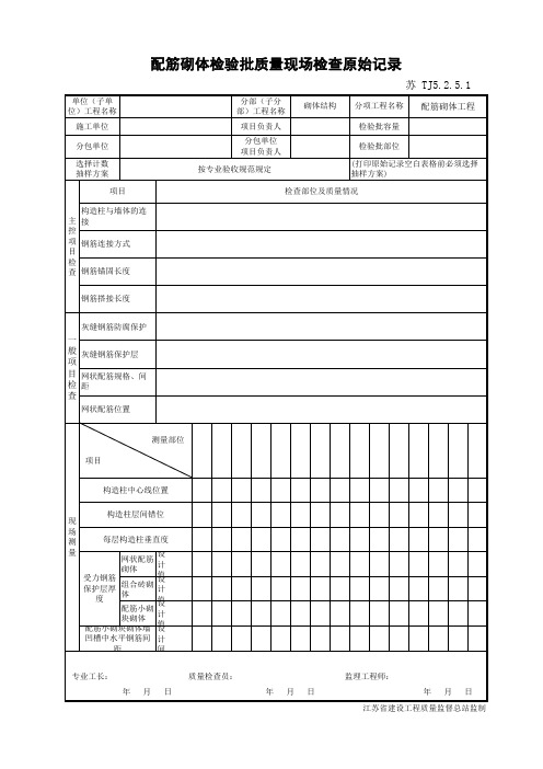 配筋砌体检验批质量现场检查原始记录