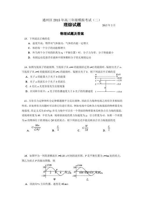 2015年北京通州高三二模理综试题及答案