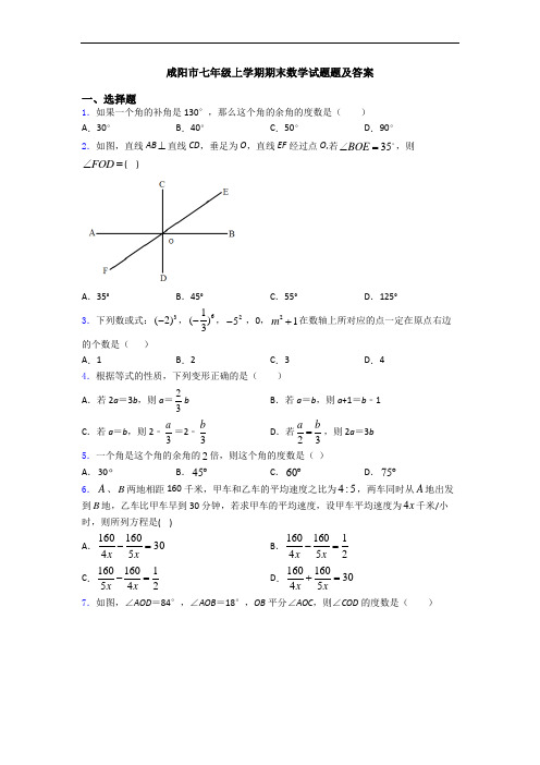 咸阳市七年级上学期期末数学试题题及答案