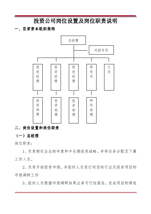 投资公司岗位设置及岗位职责说明