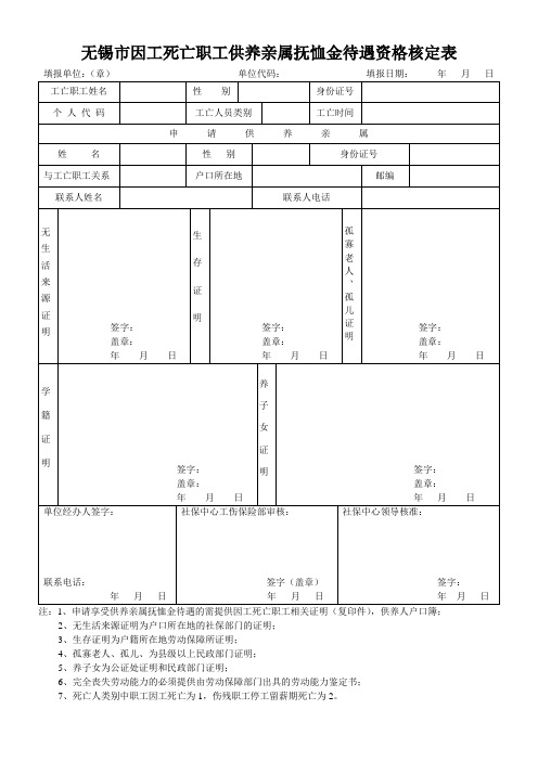 因工死亡职工供养亲属抚恤金待遇申请表