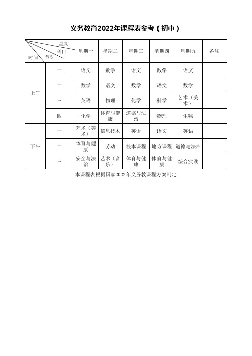 义务教育2022年课程表(初中)