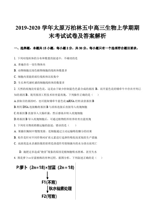 2019-2020学年太原万柏林五中高三生物上学期期末考试试卷及答案解析