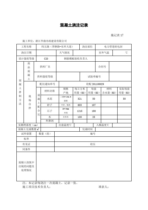 混凝土浇筑记录施工日记表