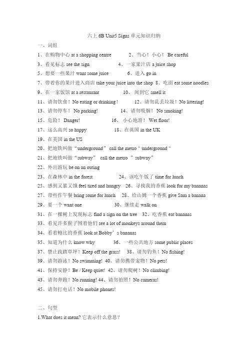 译林版六上6B Unit5 Signs 单元知识归纳