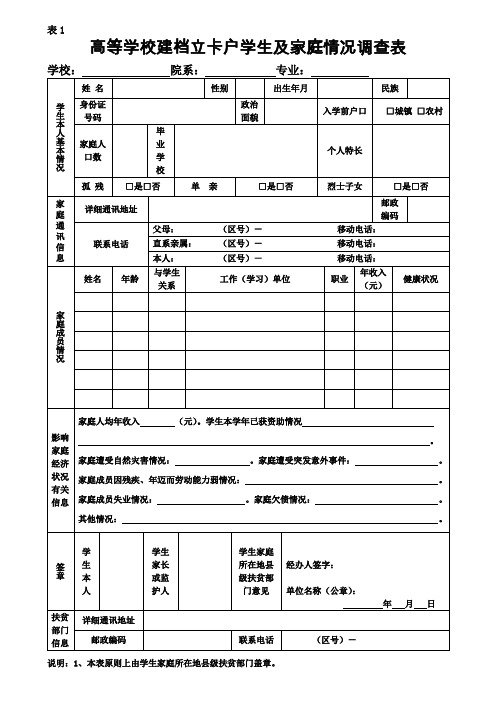 云南省高等学校建档立卡户学生及家庭情况调查表