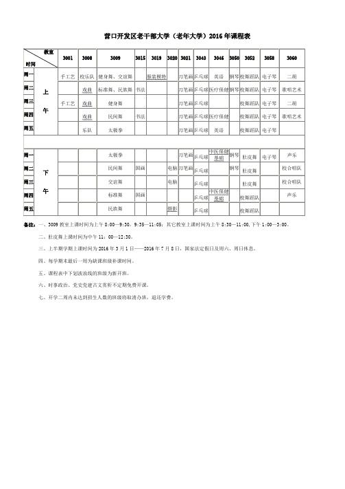 营口开发区干部大学(老年大学)2016年课程表