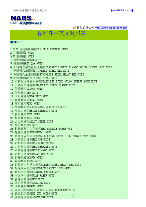 标准件中英文对照表