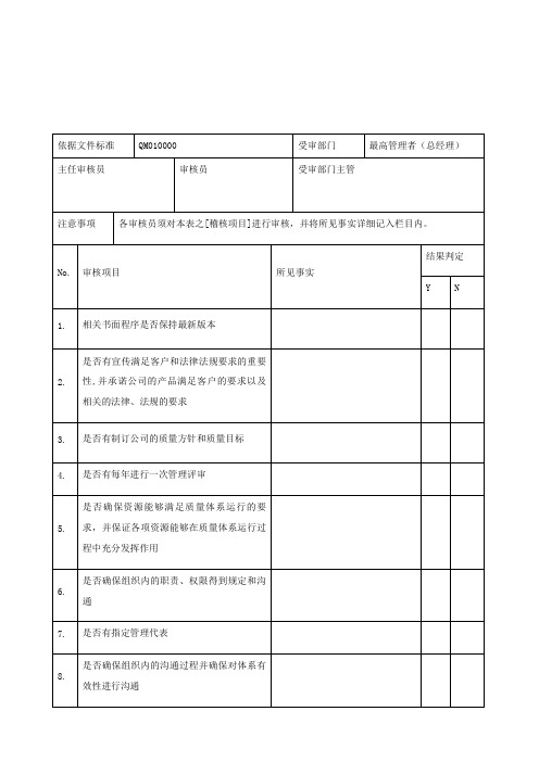 汽车公司过程审核记录——总经理内审表