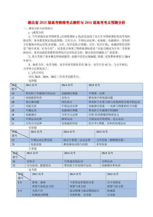 湖北省2015届高考物理考点解析与2016届高考考点预测分析正式版