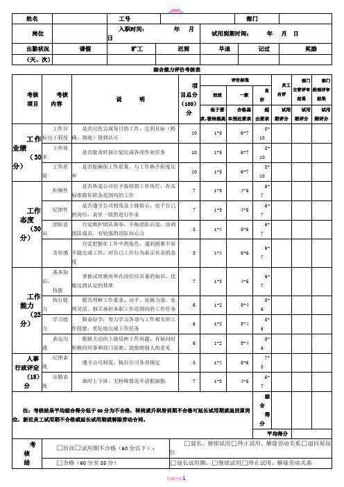 新员工入职考核表