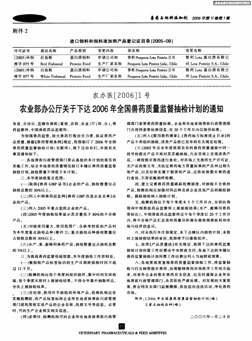 农业部办公厅关于下达2006年全国兽药质量监督抽检计划的通知