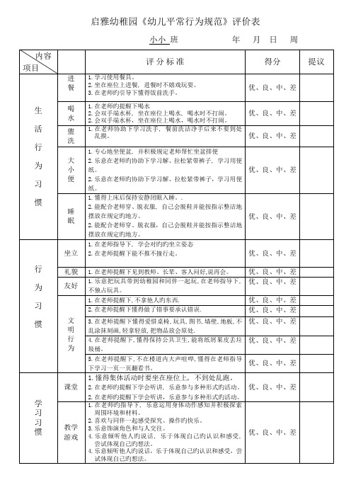 幼儿日常行为规范评价表