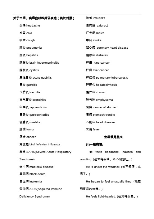 关于-生病、疾病症状的英语表达集锦(英汉对照)