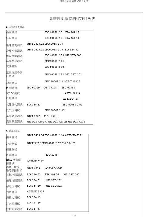 可靠性实验室测试项目列表