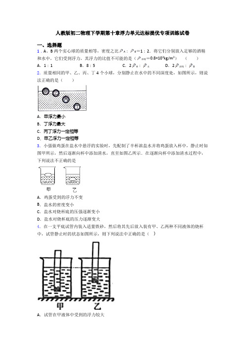 人教版初二物理下学期第十章浮力单元达标提优专项训练试卷