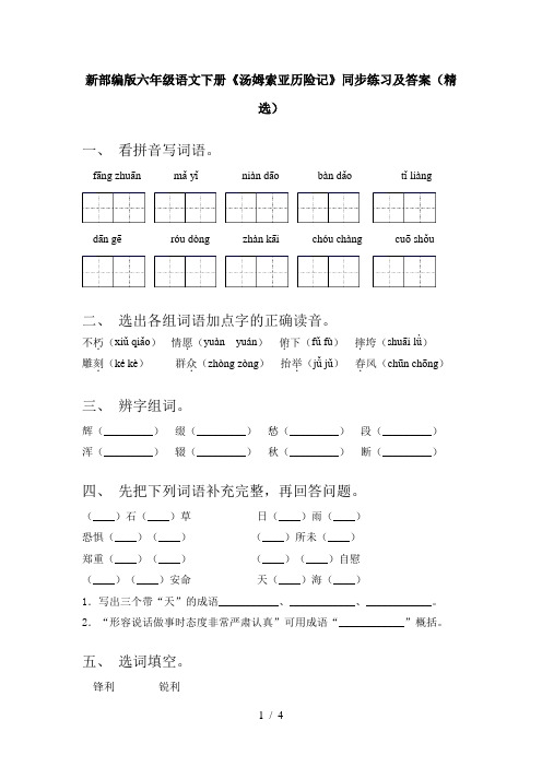 新部编版六年级语文下册《汤姆索亚历险记》同步练习及答案(精选)