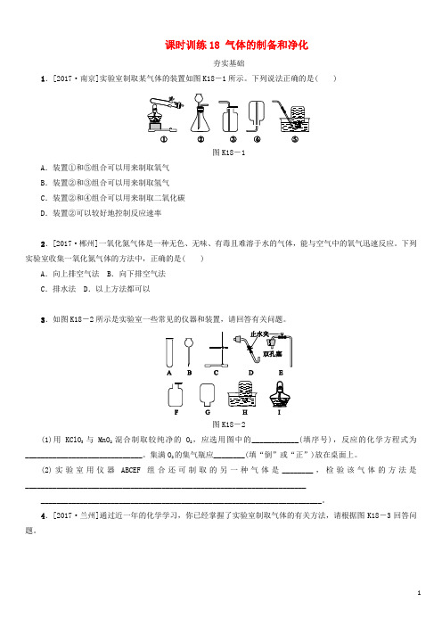 湖南省2018年中考化学复习课时训练18气体的制备和净化练习