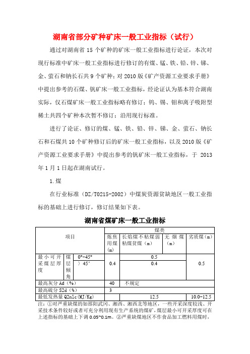 湖南省部分矿种矿床一般工业指标