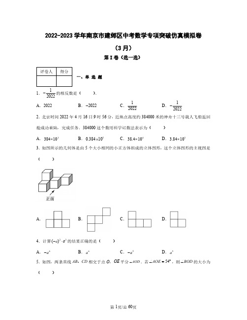 2022——2023学年南京市建邺区中考数学专项突破仿真模拟卷(3月4月)含答案