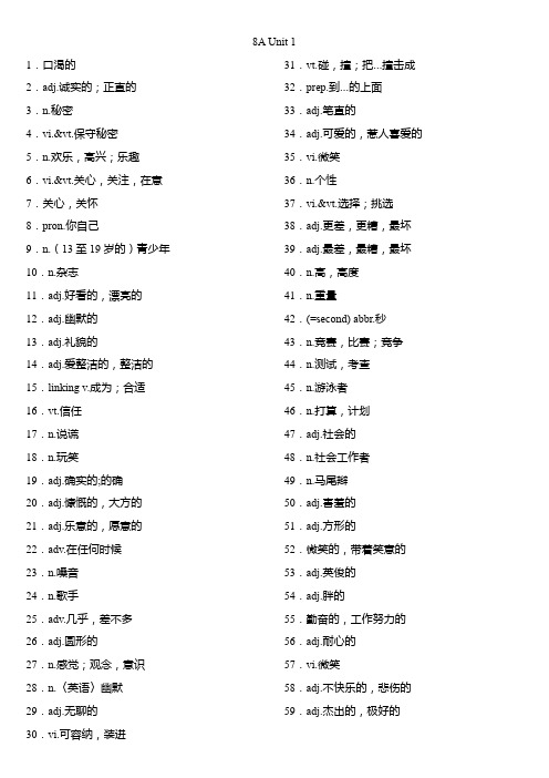 译林版八年级上册英语单词默写