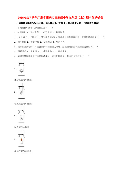 广东省肇庆市田家炳中学2017届九年级化学上学期期中试卷(含解析)新人教版