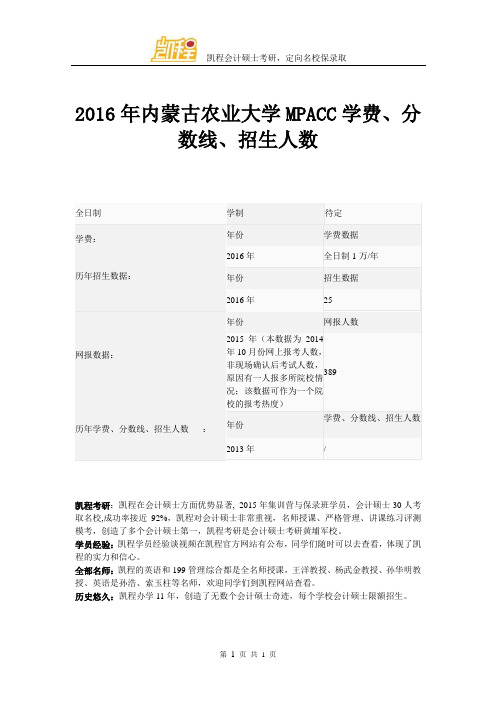 2016年内蒙古农业大学MPACC学费、分数线、招生人数