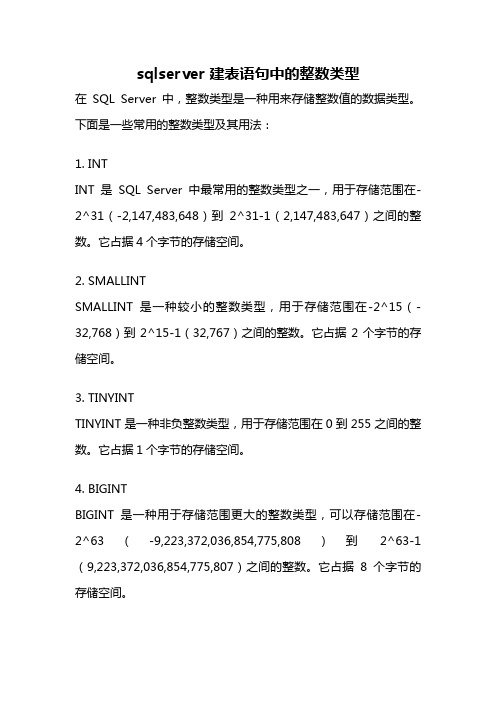 sqlserver 建表语句中的整数类型