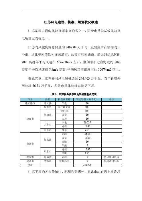 江苏风电建设核准重点规划情况概述