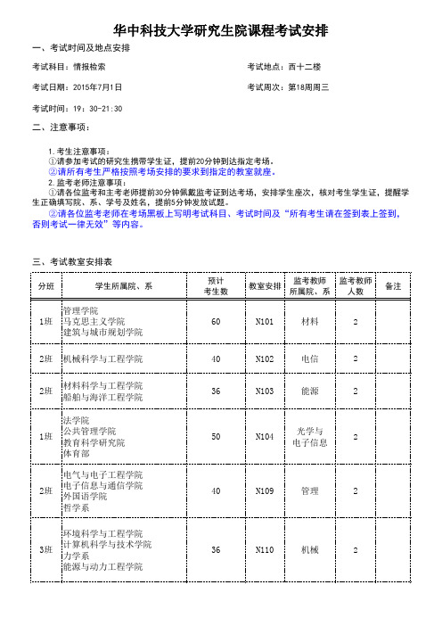 华中科技大学2014-2015学年第2学期硕士研究生校级公共课《情报检索》考试安排