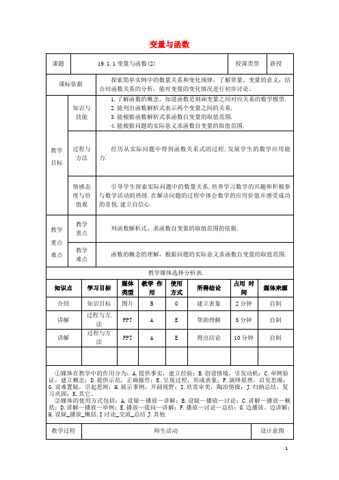 部编版2020八年级数学下册 第19章 一次函数 19.1.1 变量与函数(2)教案 (新版)新人教版