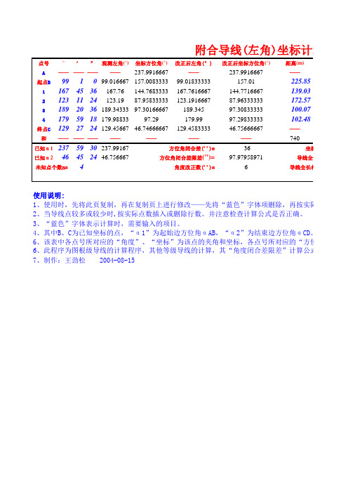 附合导线(左角)坐标计算表(范本)