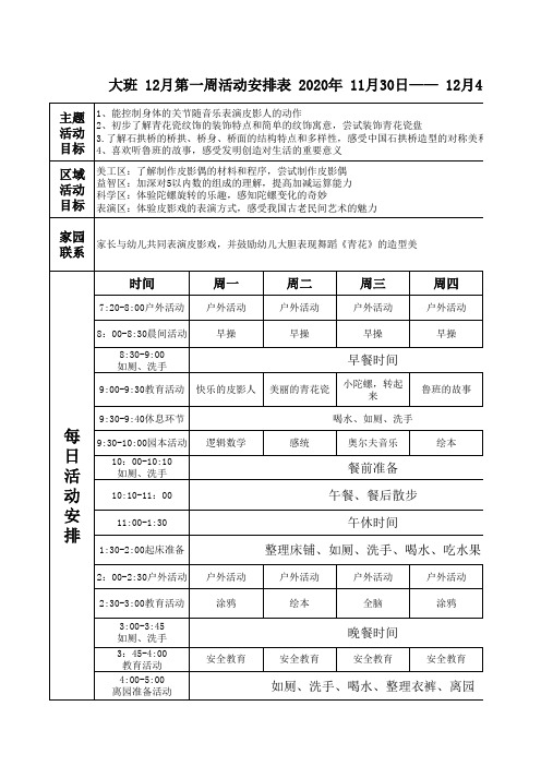 大班12月第一周周计划