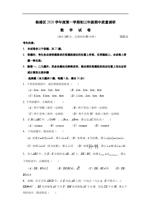 上海市杨浦区2020学年度第一学期初三年级期中质量调研数学试卷 (无答案)