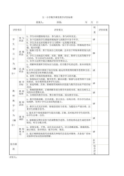 小学数学课堂教学评价标准